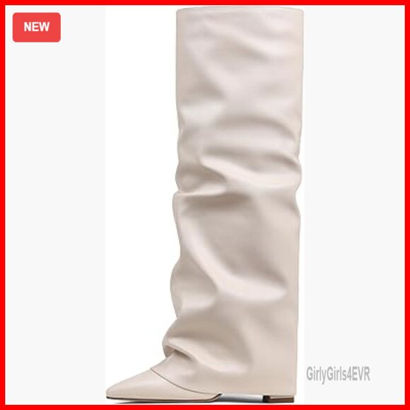 Slouchy Knee High Boots Pointed Toe Fold Over Chunky Heel